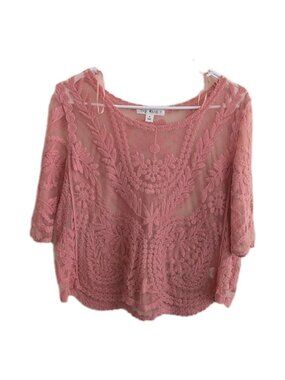 Say What Pink Lace Mesh Top Sheer Layering Coquette Fairycore Boho Grunge Med